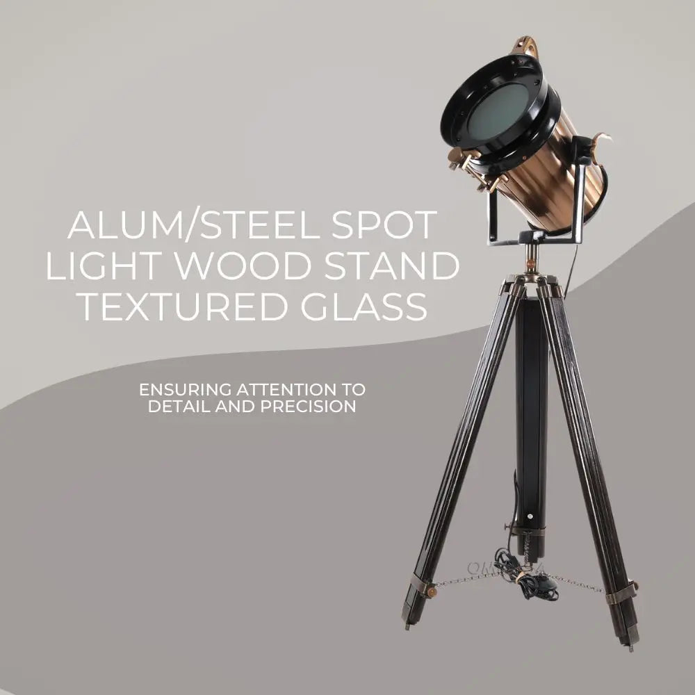 Lampe spot aluminium/acier, pied en bois, verre texturé