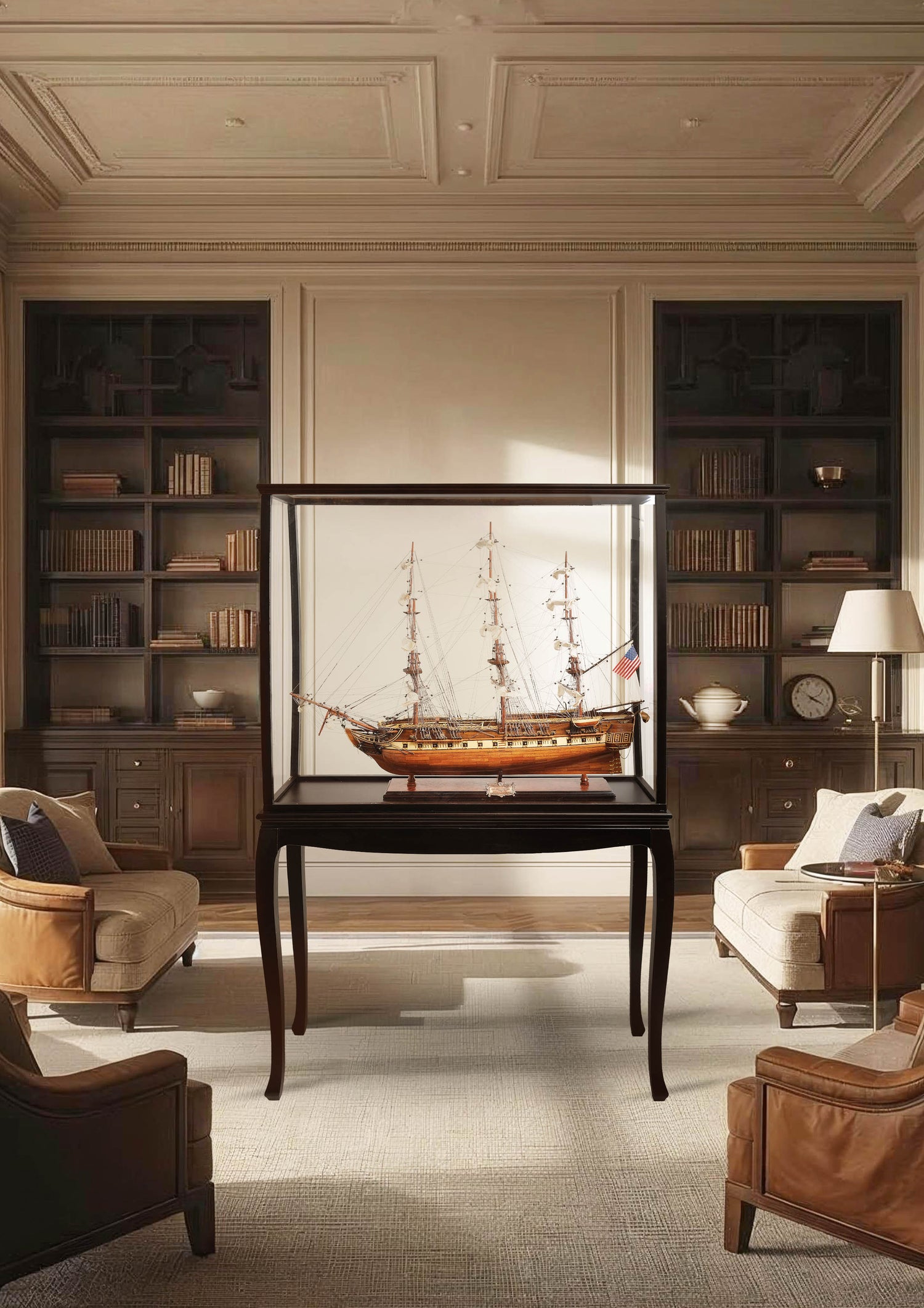 display case with wooden ship model inside for decoration 
