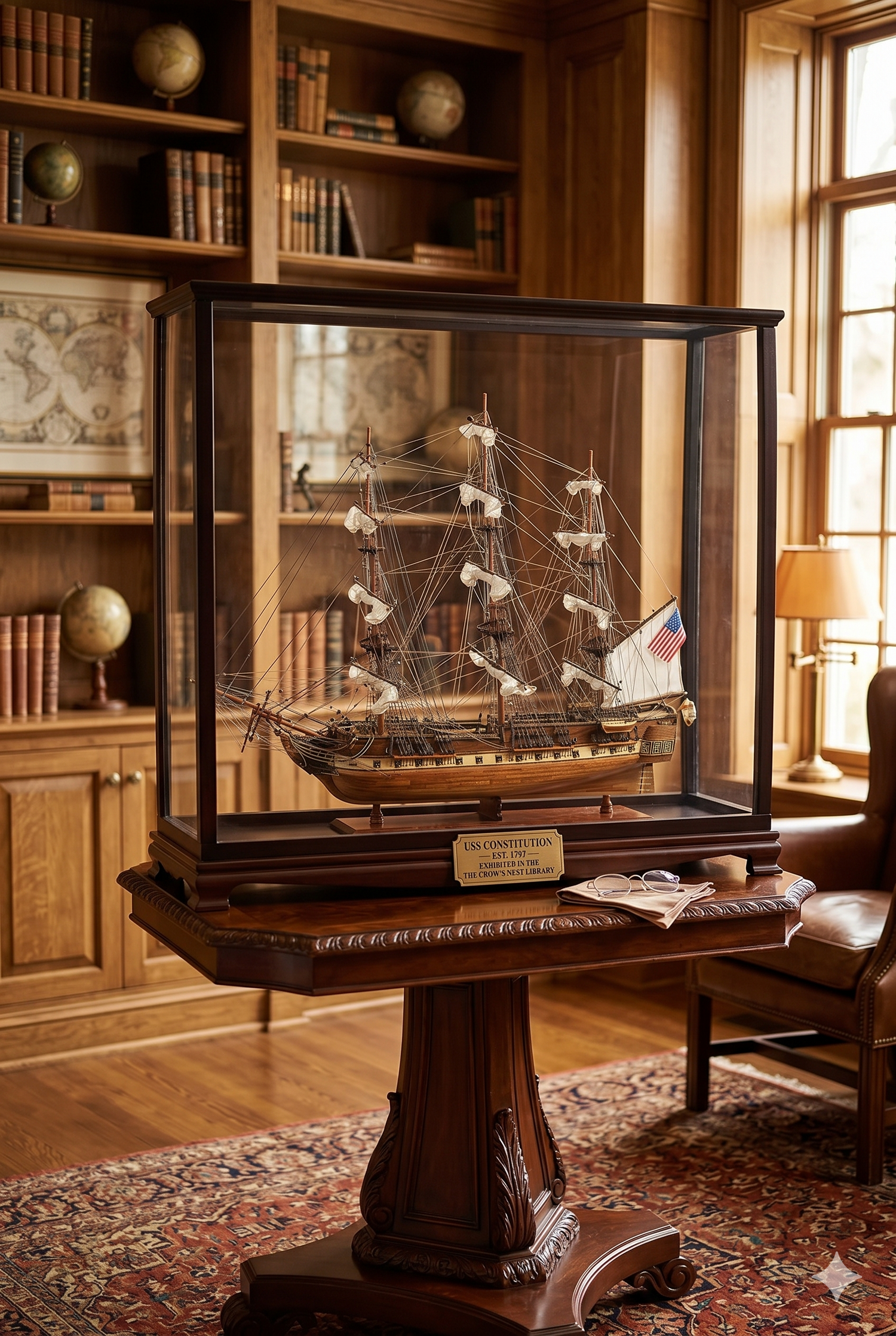 display case with wooden ship model inside for decoration 
