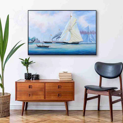 Britannia and Vigilant off the Royal Yacht Squadron's Headquarters - Canvas Painting