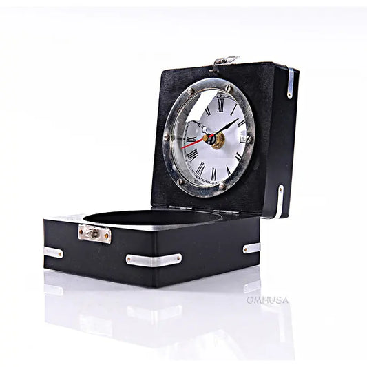 Brass Compass & Clock W/Wooden Case