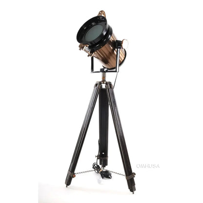 Lampe spot aluminium/acier, pied en bois, verre texturé