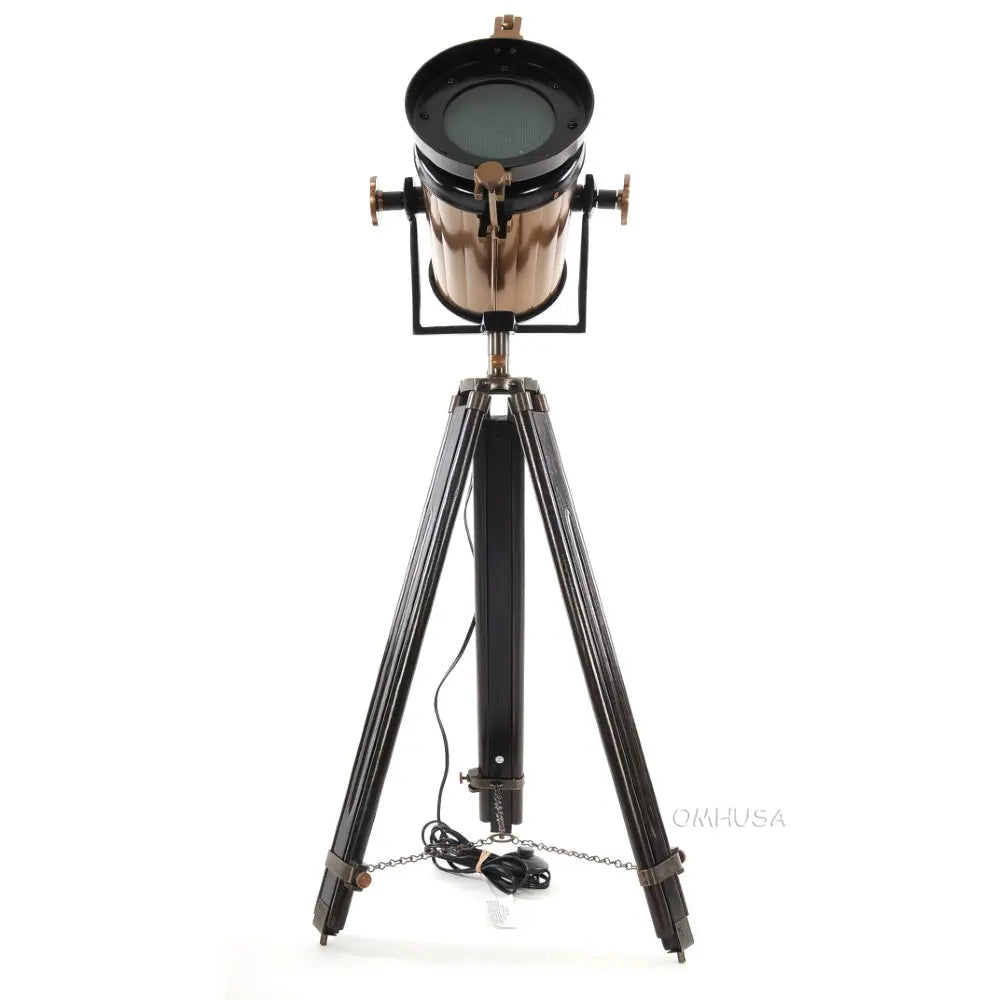 Lampe spot aluminium/acier, pied en bois, verre texturé