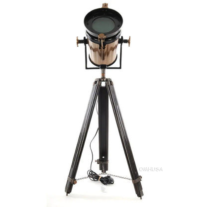 Lampe spot aluminium/acier, pied en bois, verre texturé