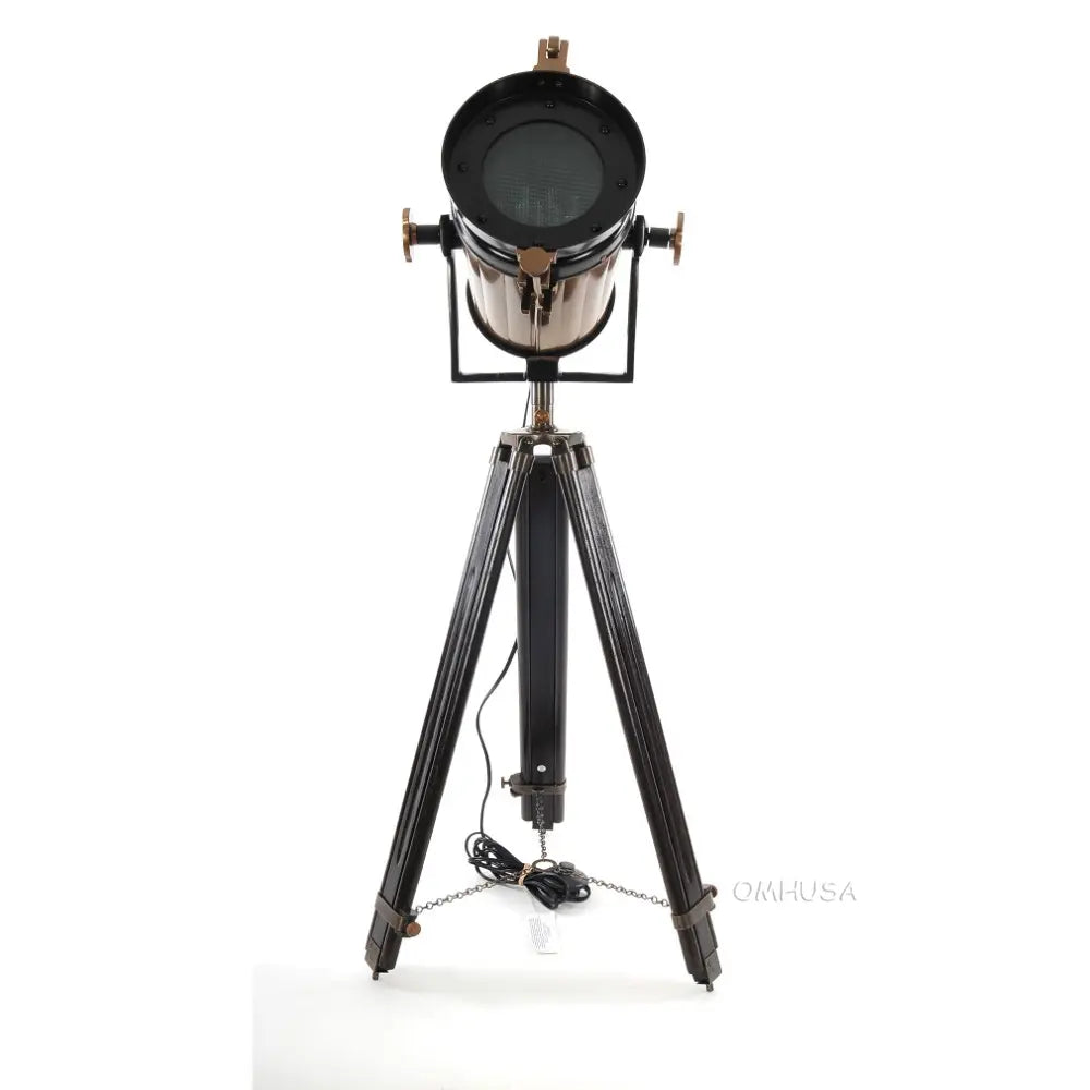 Lampe spot aluminium/acier, pied en bois, verre texturé