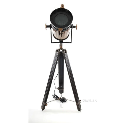 Lampe spot aluminium/acier, pied en bois, verre texturé