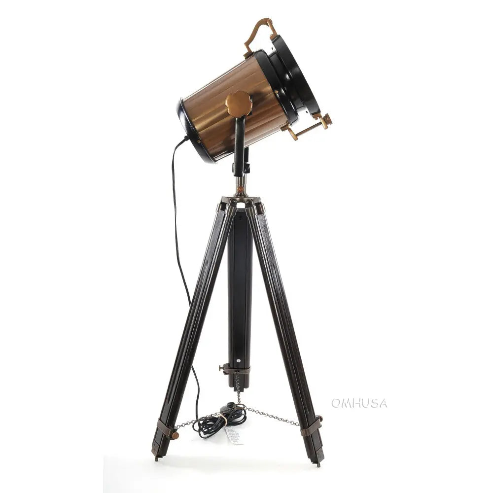 Lampe spot aluminium/acier, pied en bois, verre texturé