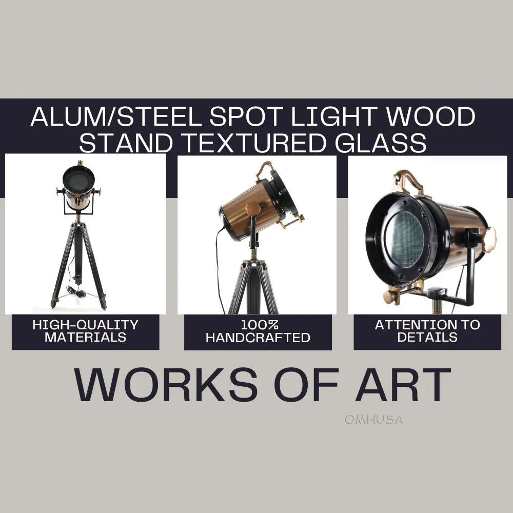 Lampe spot aluminium/acier, pied en bois, verre texturé