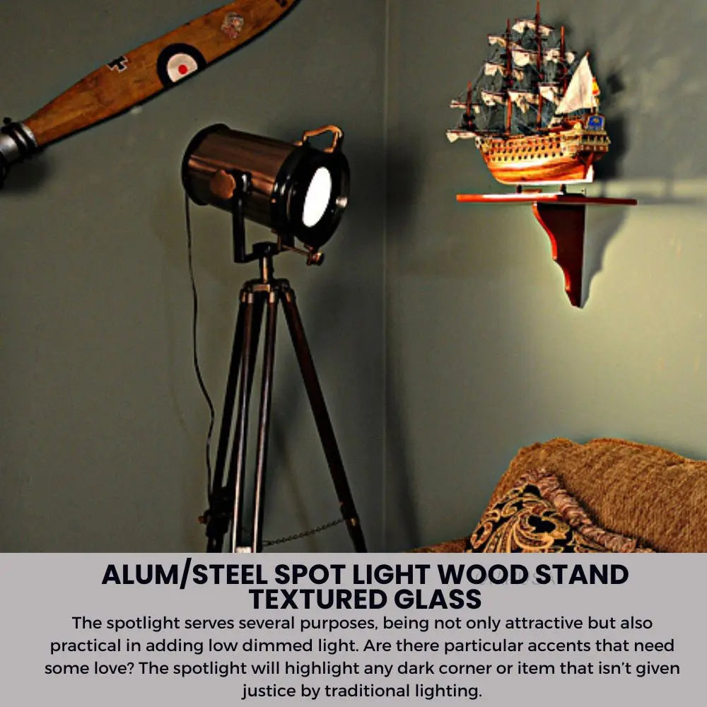 Lampe spot aluminium/acier, pied en bois, verre texturé