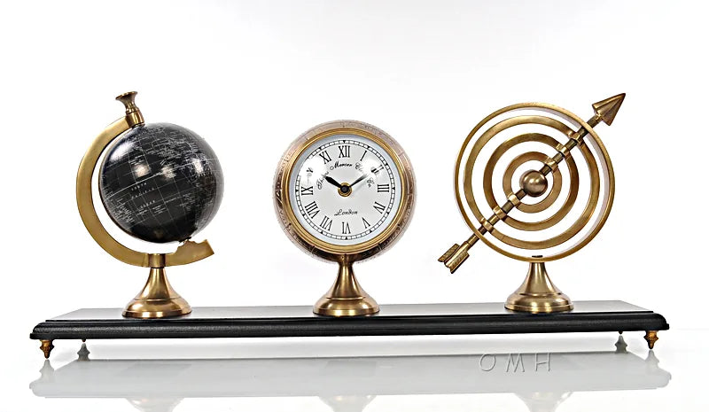 Armillery/Clock & Globe On Wood Base