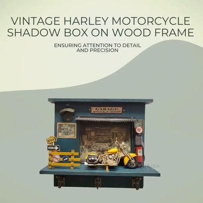 Vintage Harley Motorcycle Shadow Box on Wood Frame