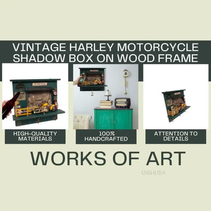 Vintage Harley Motorcycle Shadow Box on Wood Frame