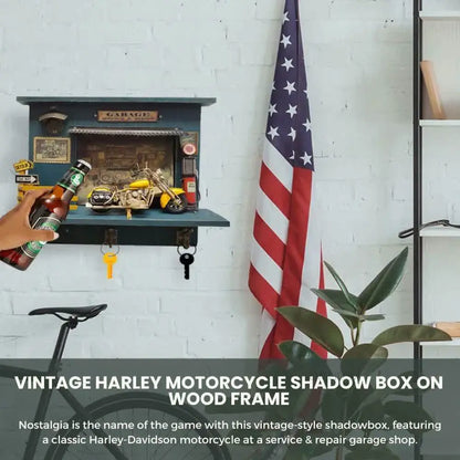 Vintage Harley Motorcycle Shadow Box on Wood Frame