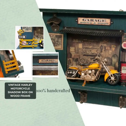 Vintage Harley Motorcycle Shadow Box on Wood Frame