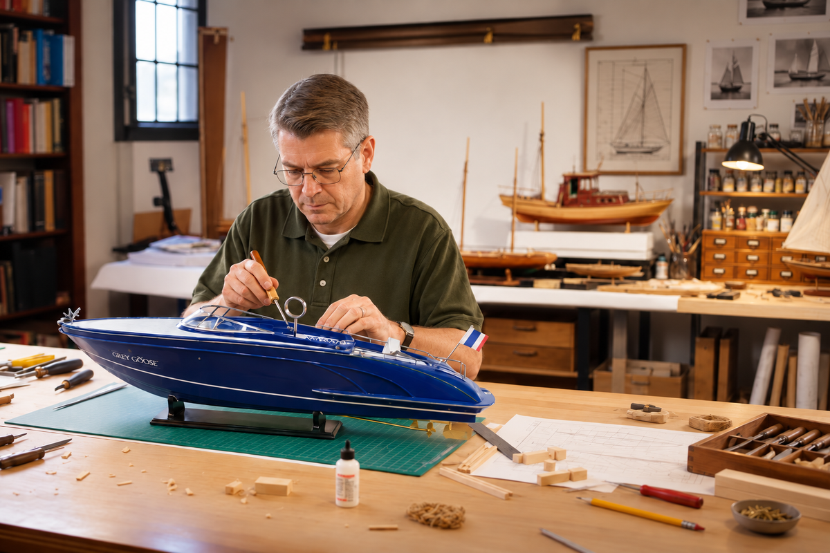 Custom wooden boat model with detailed finishes