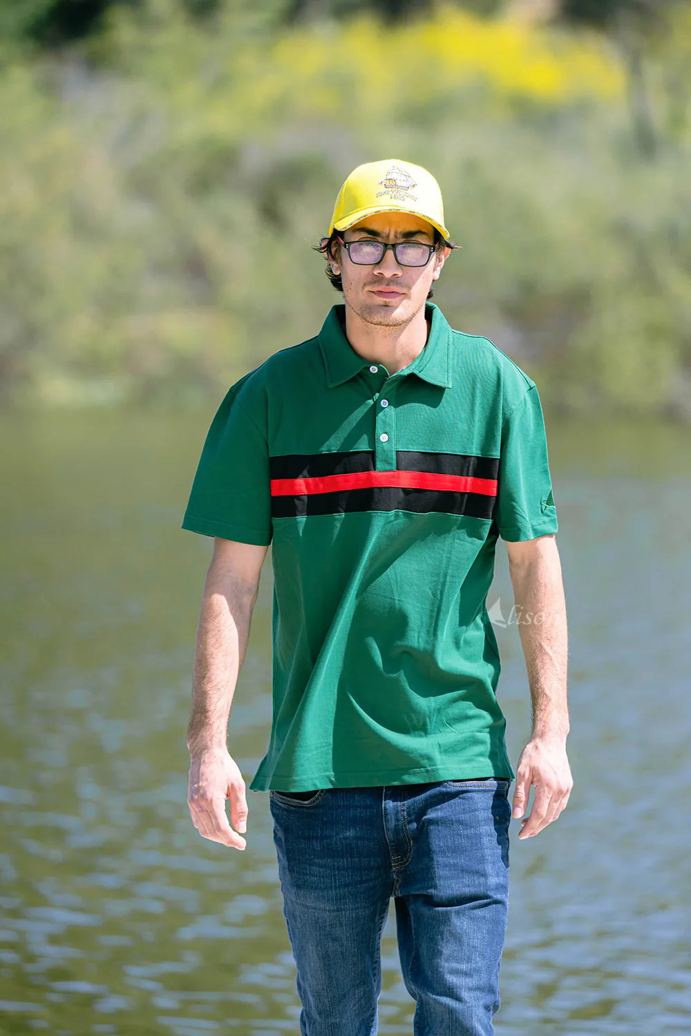 Hemingway Pilar Green w. Black & Red Stripes Regular Fit Polo Shirt by Alison Nautical