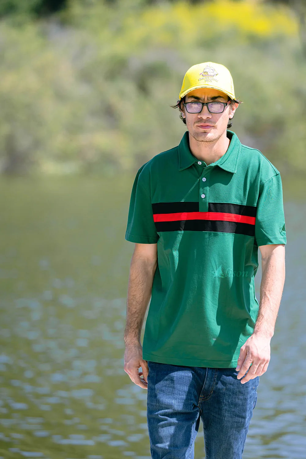 Hemingway Pilar Green w. Black & Red Stripes Regular Fit Polo Shirt by Alison Nautical