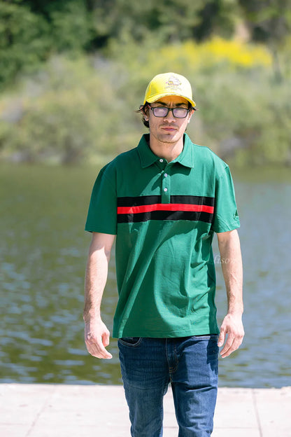 Hemingway Pilar Green w. Black & Red Stripes Regular Fit Polo Shirt by Alison Nautical