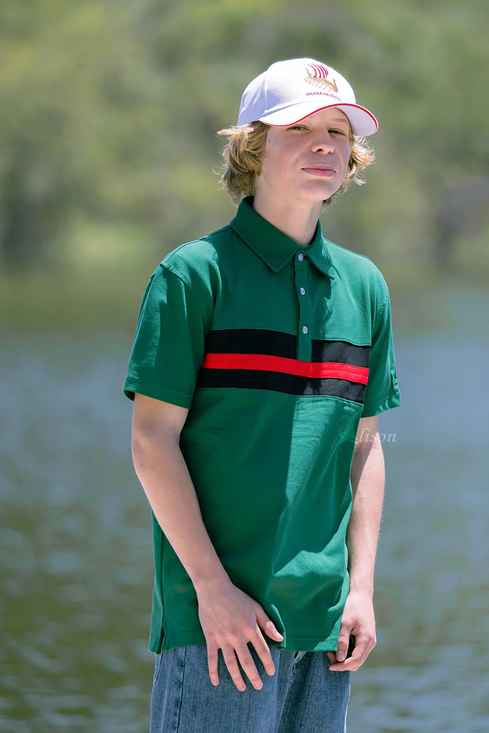 Hemingway Pilar Green w. Black & Red Stripes Regular Fit Polo Shirt by Alison Nautical