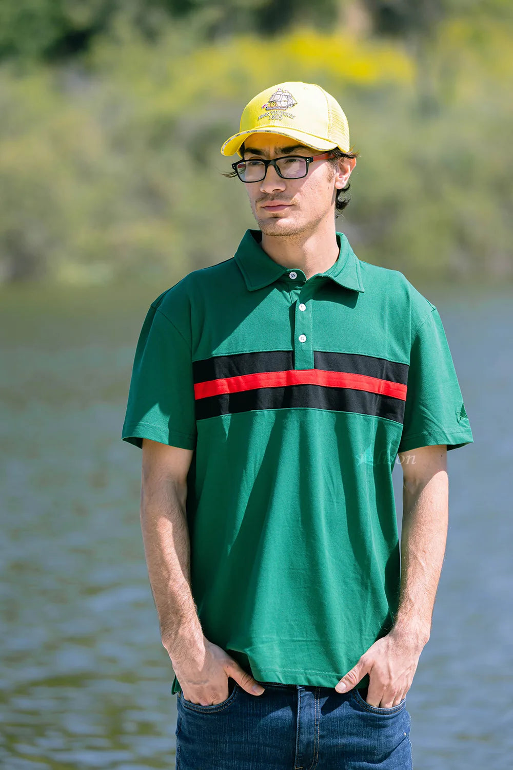 Hemingway Pilar Green w. Black & Red Stripes Regular Fit Polo Shirt by Alison Nautical