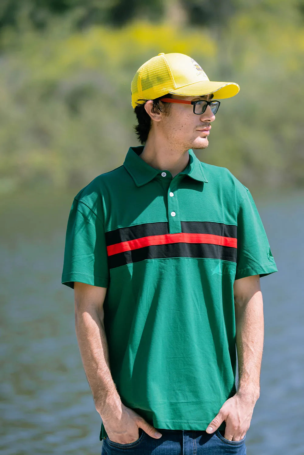 Hemingway Pilar Green w. Black & Red Stripes Regular Fit Polo Shirt by Alison Nautical