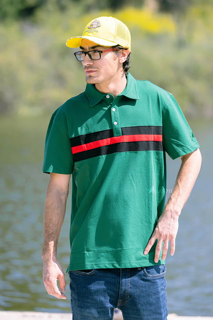 Hemingway Pilar Green w. Black & Red Stripes Regular Fit Polo Shirt by Alison Nautical