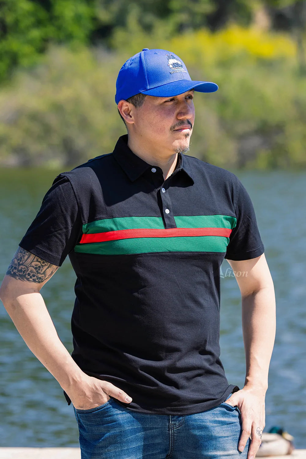 Hemingway Pilar Black w. Green & Red Stripes Regular Fit Polo Shirt by Alison Nautical
