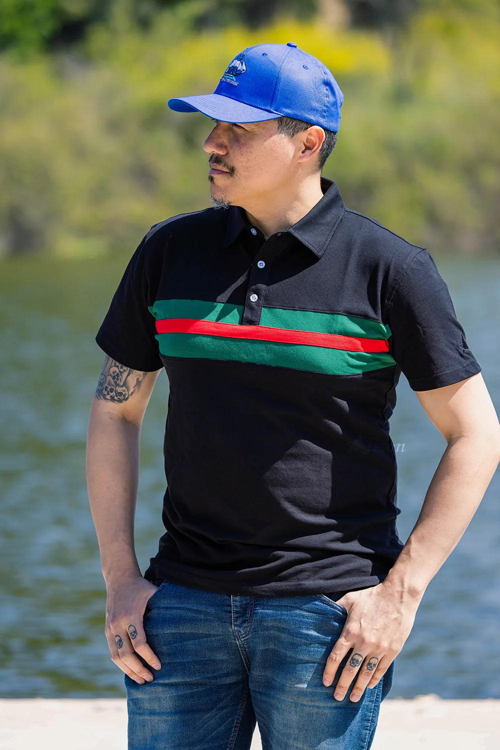 Hemingway Pilar Black w. Green & Red Stripes Regular Fit Polo Shirt by Alison Nautical