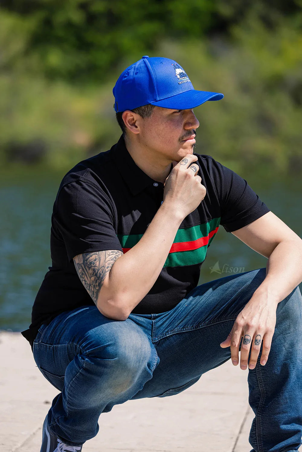 Hemingway Pilar Black w. Green & Red Stripes Regular Fit Polo Shirt by Alison Nautical