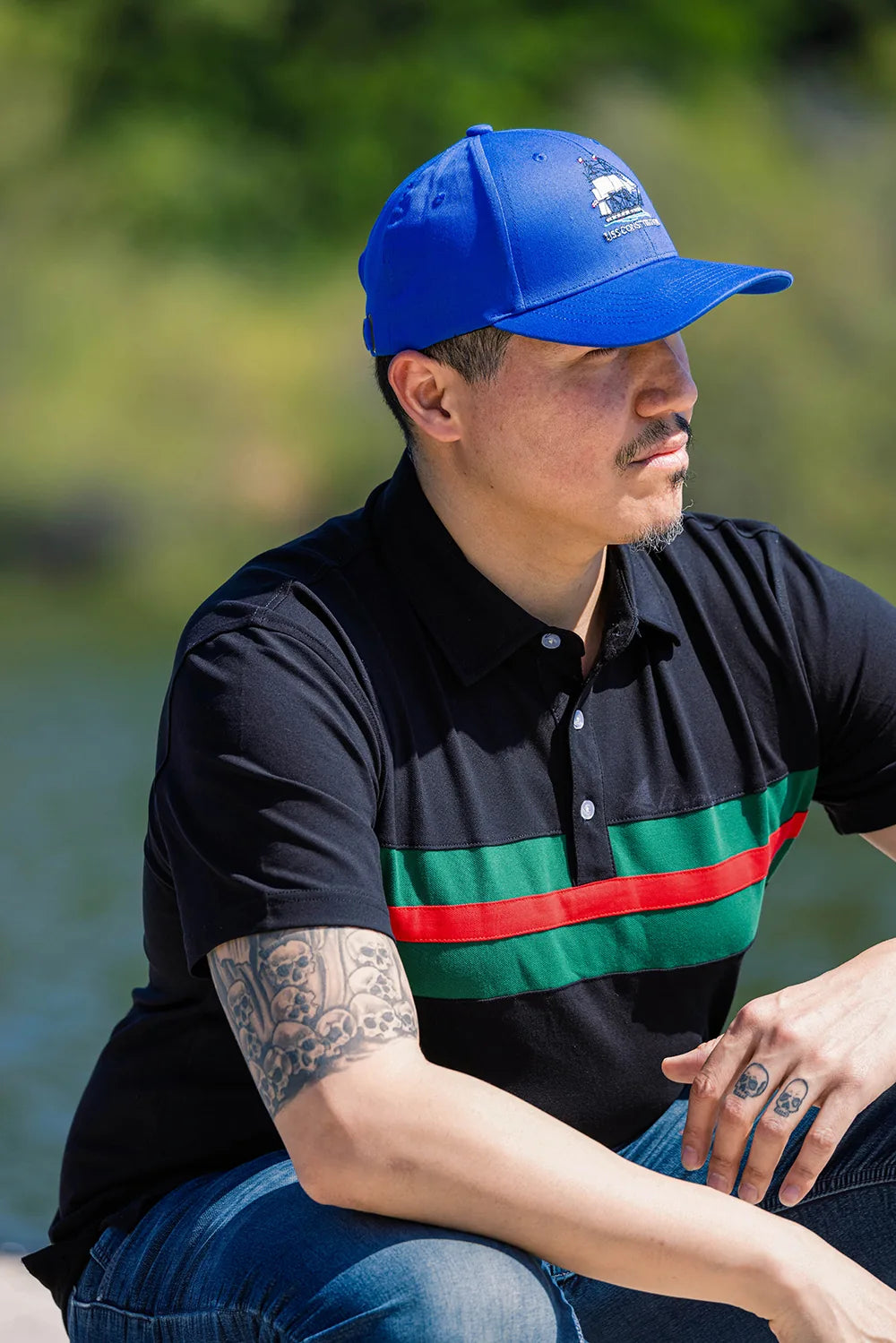 Hemingway Pilar Black w. Green & Red Stripes Regular Fit Polo Shirt by Alison Nautical