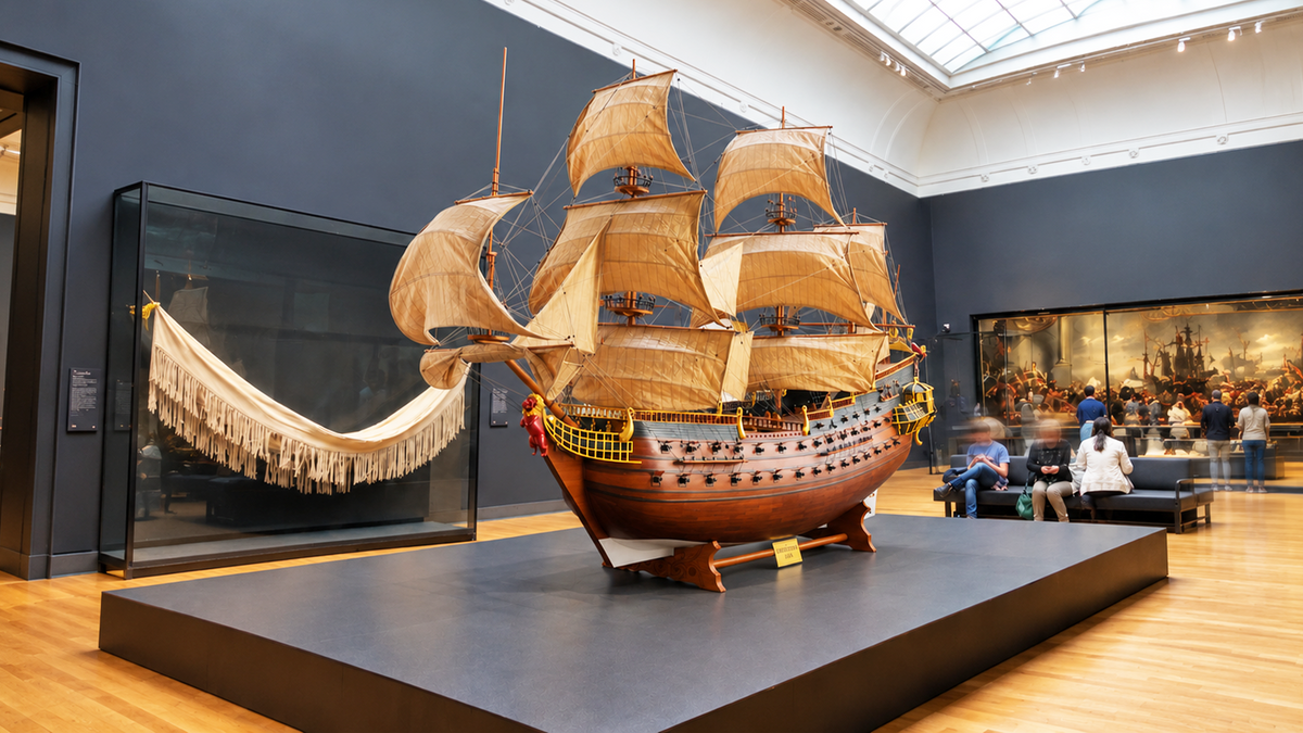 Maritime museum exhibition with detailed wooden ship models