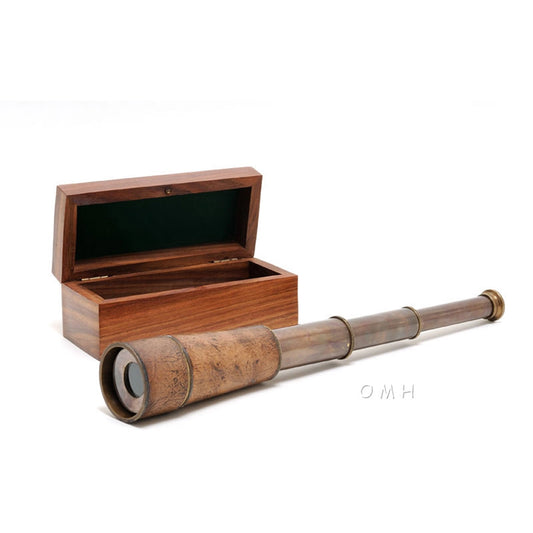 Handheld Telescope in wood box - Brown Leather